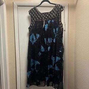 Anthropologie Black and Blue Beaded Midi Dress